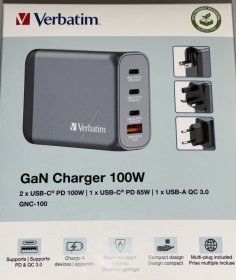 Verbatim Usb Power Supplies - Gnc-100 32202 Gnc-100 Gan Charger 100w Eu-uk-us 3x Usb-c - 1x Usb-a